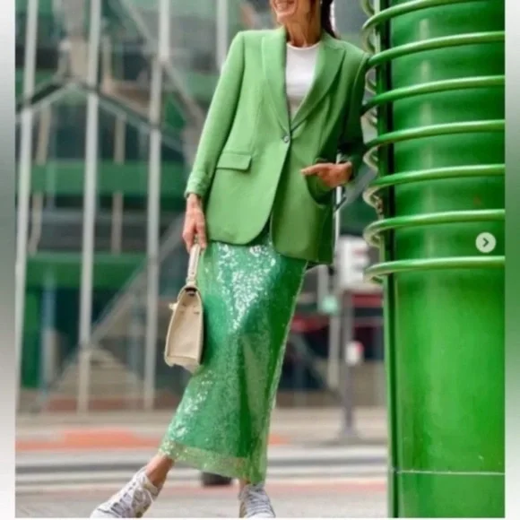 ZARA Sea Green Sequin Lace Pencil Skirt - Picture 11 of 16